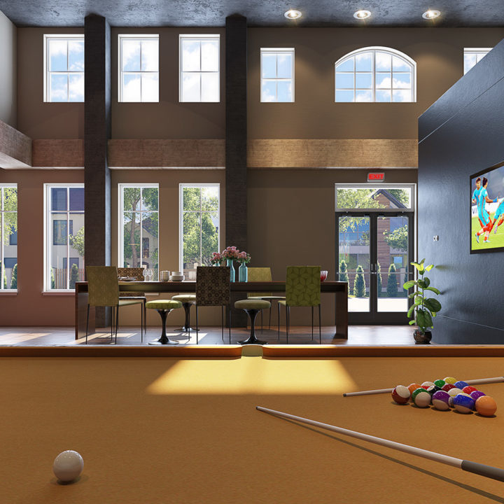 3D Rendered interior image of modern and spacious public recreation room with classic snooker table. Architectural illustration