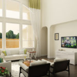 3D rendered decent living room with white walls, open space, and well-furnished furniture in daylight by Biorev Renderings Studio. Architectural illustration