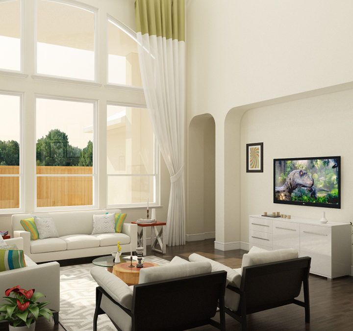 3D rendered decent living room with white walls, open space, and well-furnished furniture in daylight by Biorev Renderings Studio. Architectural illustration