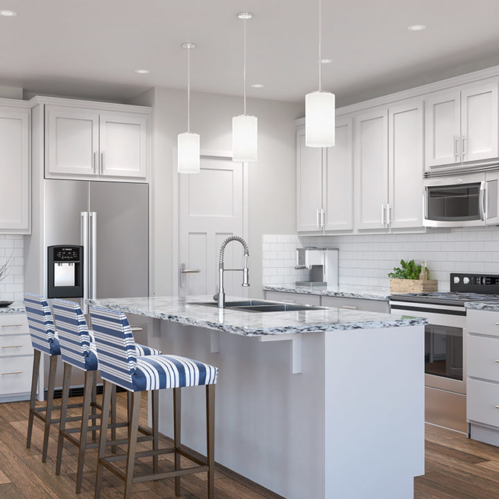 3D rendered interior image of classic and stylish kitchen area with hanging lights and minute detailings, by Biorev Renderings Studio. Architectural illustration