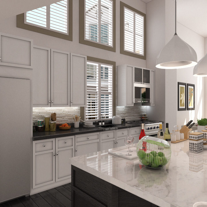 3d rendered interior image of modernized open space kitchen with all minor details and lighting by Biorev Renderings Studio.Architectural illustration