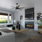 3D rendered interior image of cozy living room with inbuilt fireplace, and beautiful exterior view of garden, by Biorev Renderings Studio. Architectural illustration