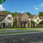 3D streetscape rendering example of front view of cottage style townhouse with landscape details in daylight by Biorev Renderings Studio. Architectural illustration