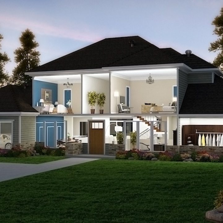 3D cutaway rendering front-view of bungalow style modern house with landscape details during afternoon by Biorev Renderings Studio. Architectural illustration