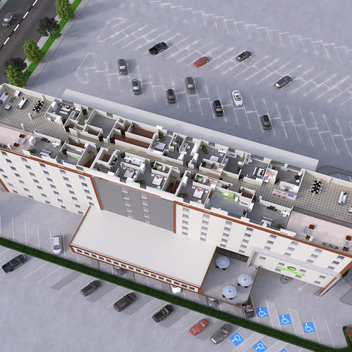 3D rendered image of top floor plan of multistorey public building along with amenity like parking in daylight by Biorev Rendering Studio. Architectural illustration