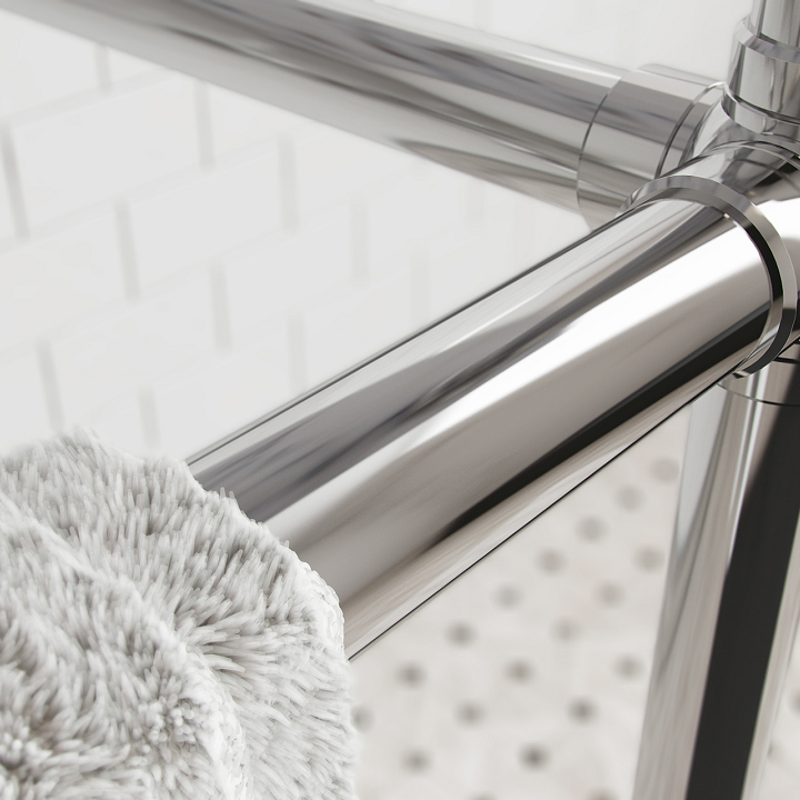 3d product rendering of stainless steel bathroom towel rod holder with a towel on one side, by Biorev Renderings Studio. Photorealistic illustration