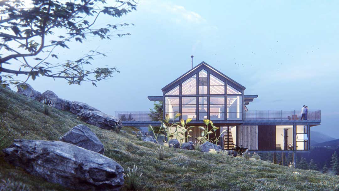 Image of a 3d rendered small home on hillside